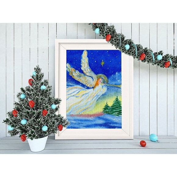 Original Oil Painting Angel Trumpet Christmas Winter Night Sky 8x10 Canvas Art - Picture 7 of 11